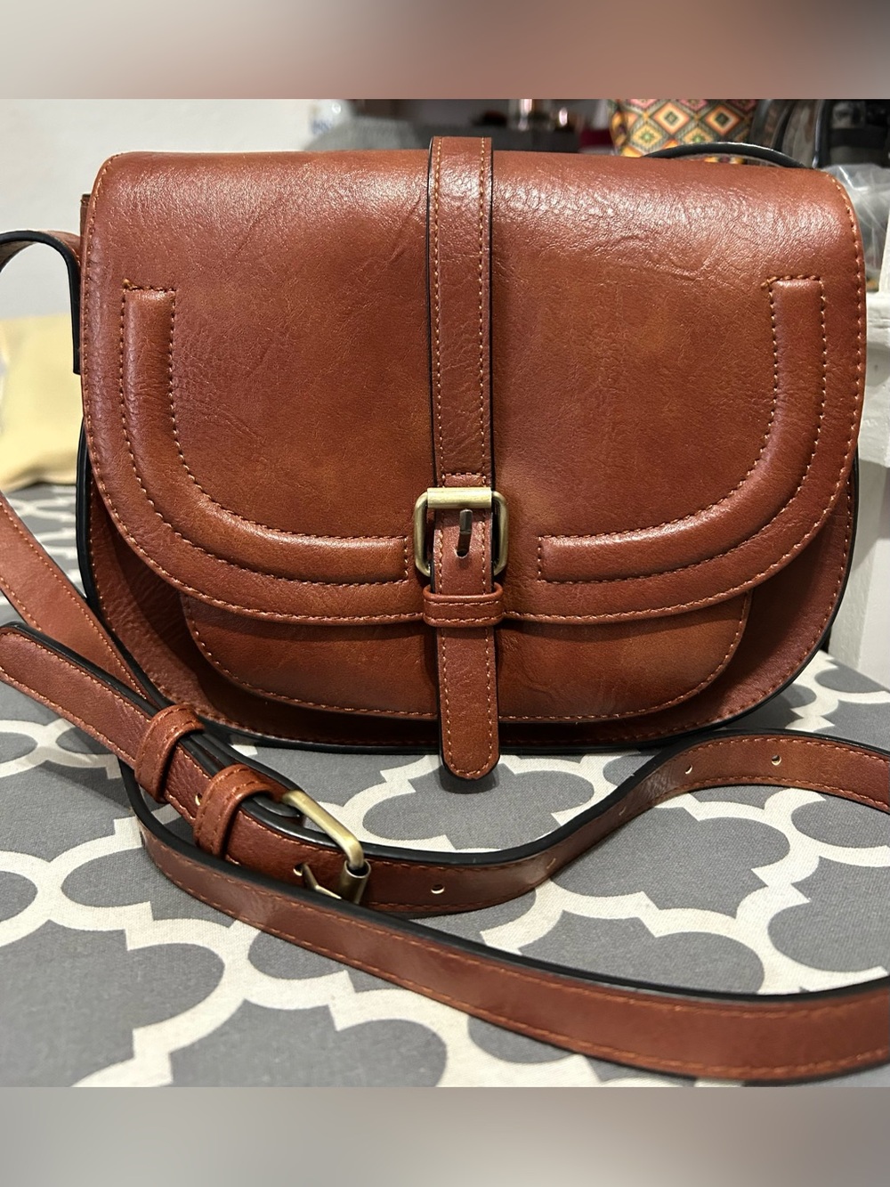 Classic Brown Crossbody Saddle Bag - Leather Look